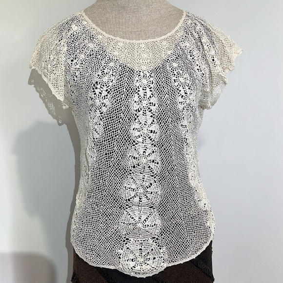 Open Knit Crochet Sweater Womens Size Medium Cap Sleeves Handmade Silk Sheer Top - Picture 5 of 12